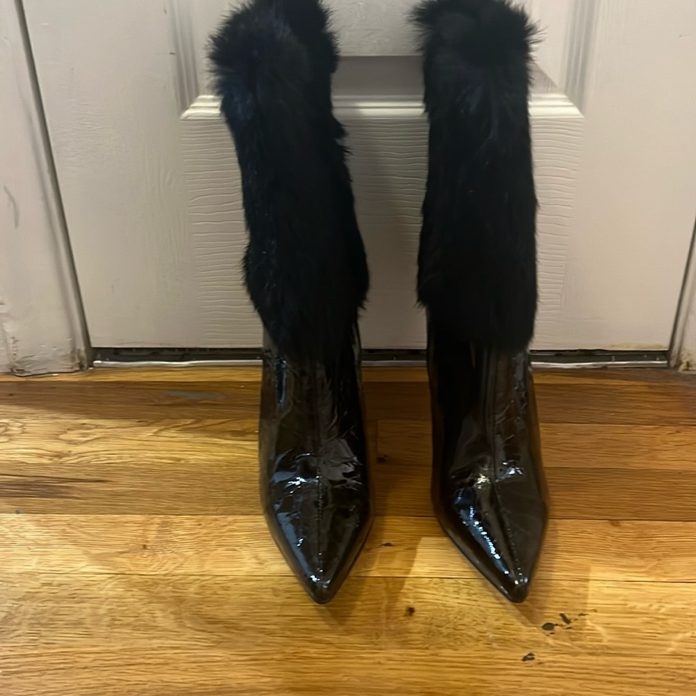 Black fur top patent leather calf high boot